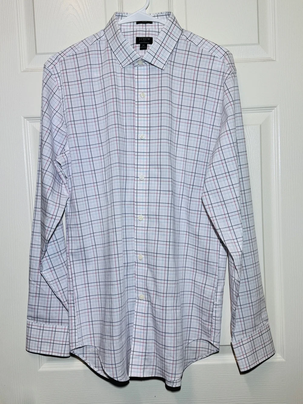 J. Crew Performance Slim Men’s White Shirt with Blue and Red Windowpane Check